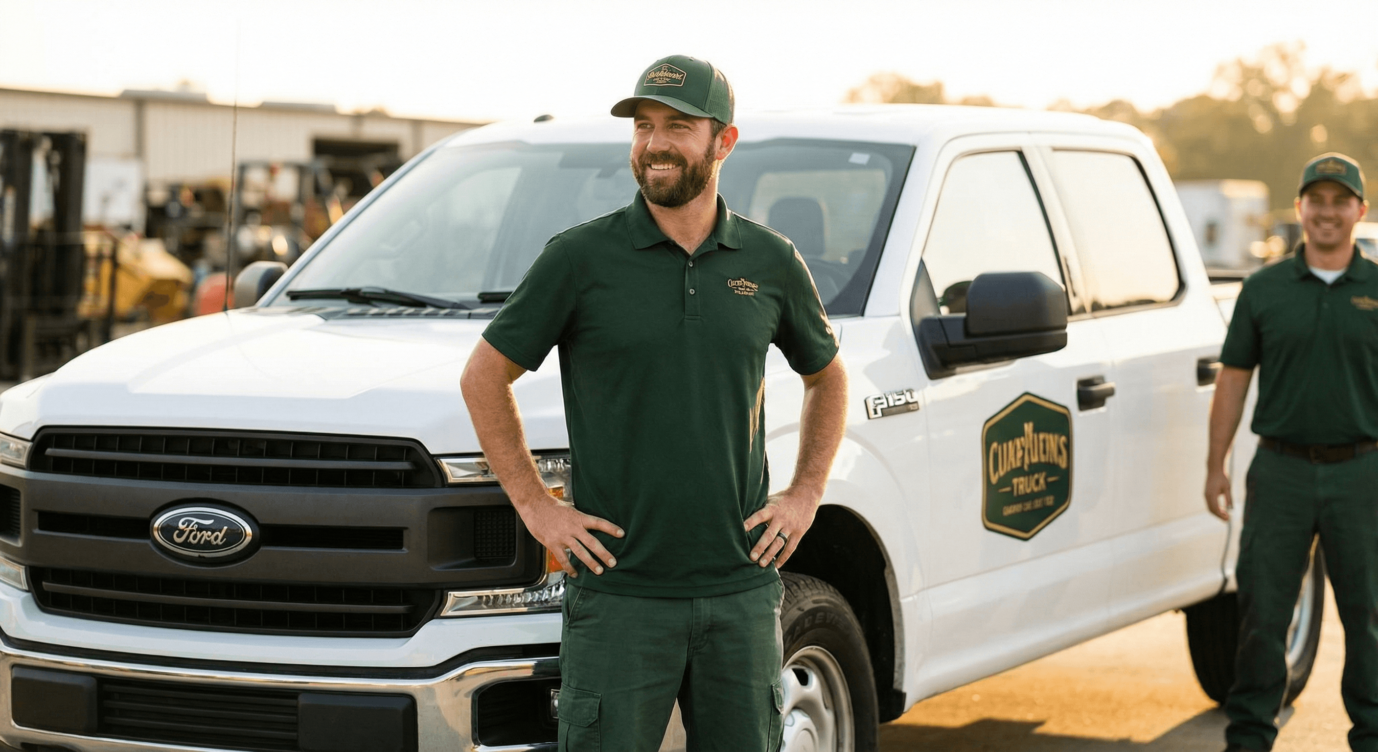 Business owner in matching branded embroidered uniform - professional and confident